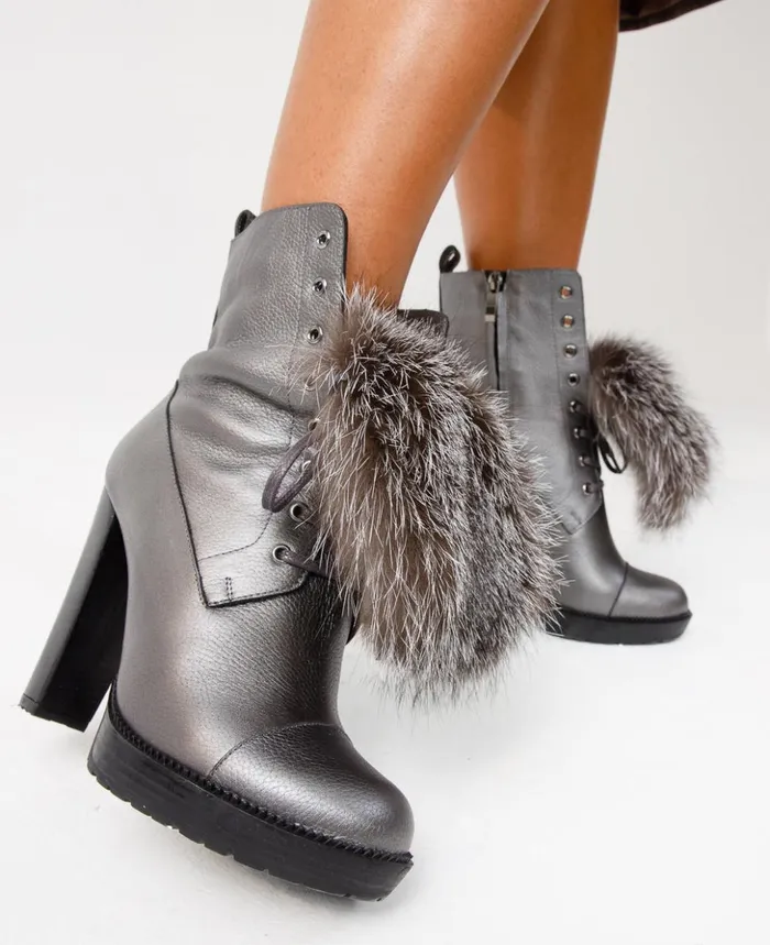 Vinci Leather Boots and Booties The Melo Grey Leather Natural Fur Mid Calf Platform Heel Boot 8211 Women