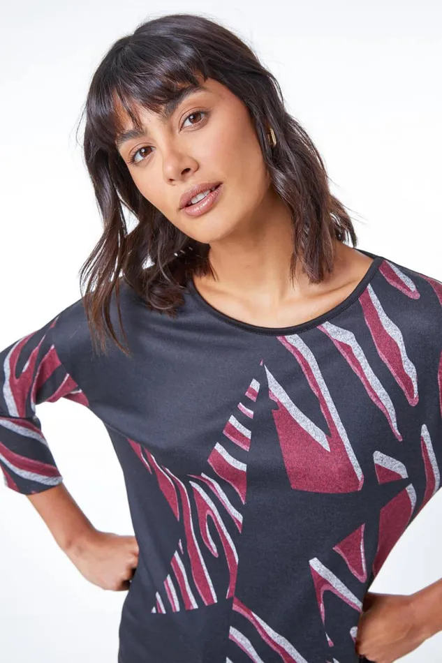 Wine Star Print Stretch Jersey Top Women Roman Tops