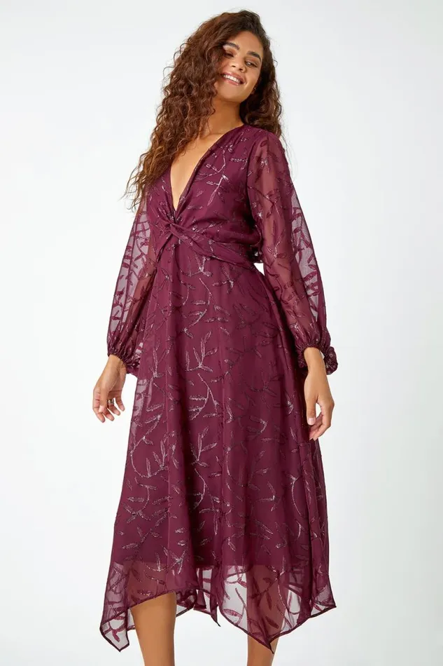 Wine Textured Floral Print Twist Front Midi Dress Women Roman Dresses