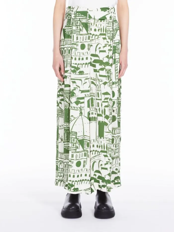 Woman Flowing Trousers In Printed Georgette Green Maxmara Trousers