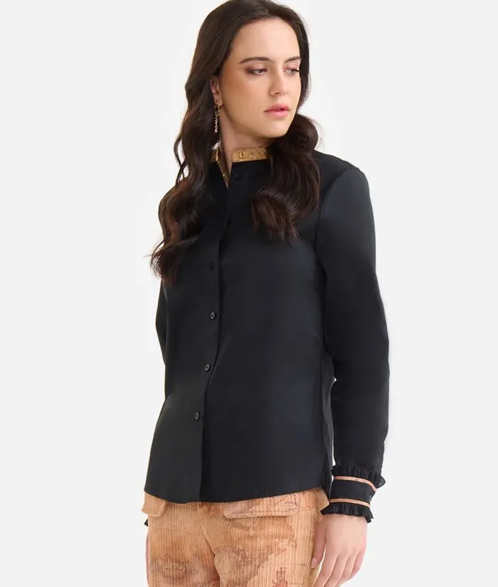 Woman Knitwears Shirts and Tops Alviero Martini Stretch Cotton Poplin Band Collar Shirt Black