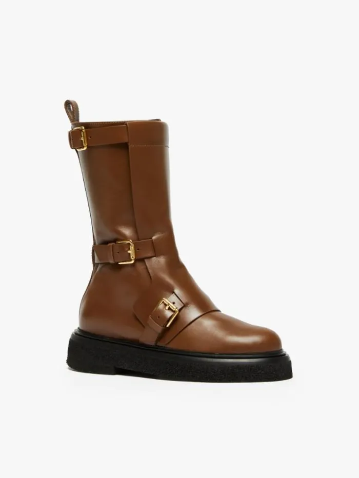 Woman Leather Biker Boots With Straps Tobacco Maxmara Ankle Boots And Boots