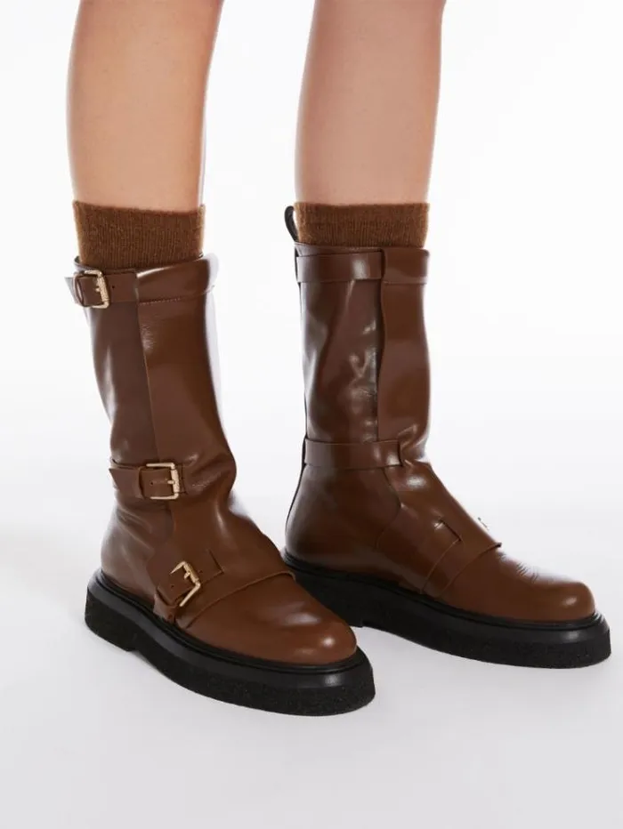 Woman Leather Biker Boots With Straps Tobacco Maxmara Ankle Boots And Boots Woman Leather Biker Boots With Straps Tobacco Maxmara Ankle Boots And Boots