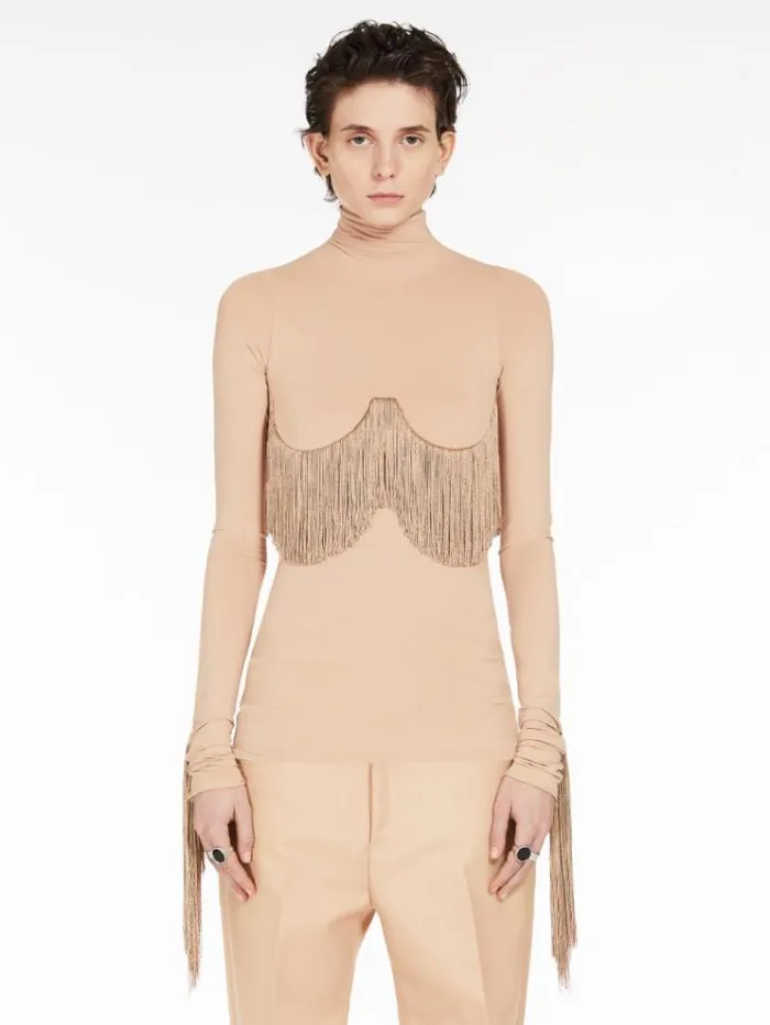 Woman Long Fringeadorned Mock Poloneck Sweater Nudo Maxmara Tshirts