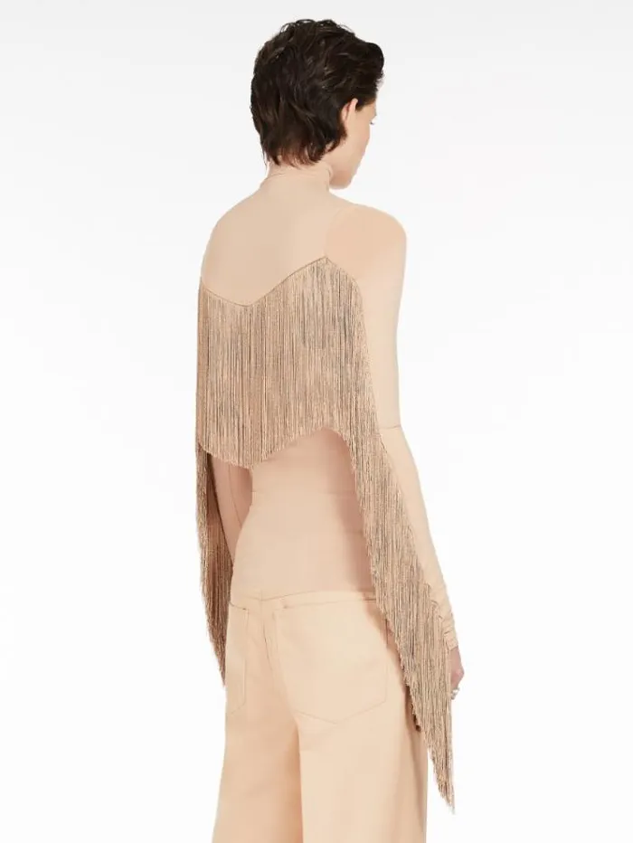 Woman Long Fringeadorned Mock Poloneck Sweater Nudo Maxmara Tshirts Woman Long Fringeadorned Mock Poloneck Sweater Nudo Maxmara Tshirts