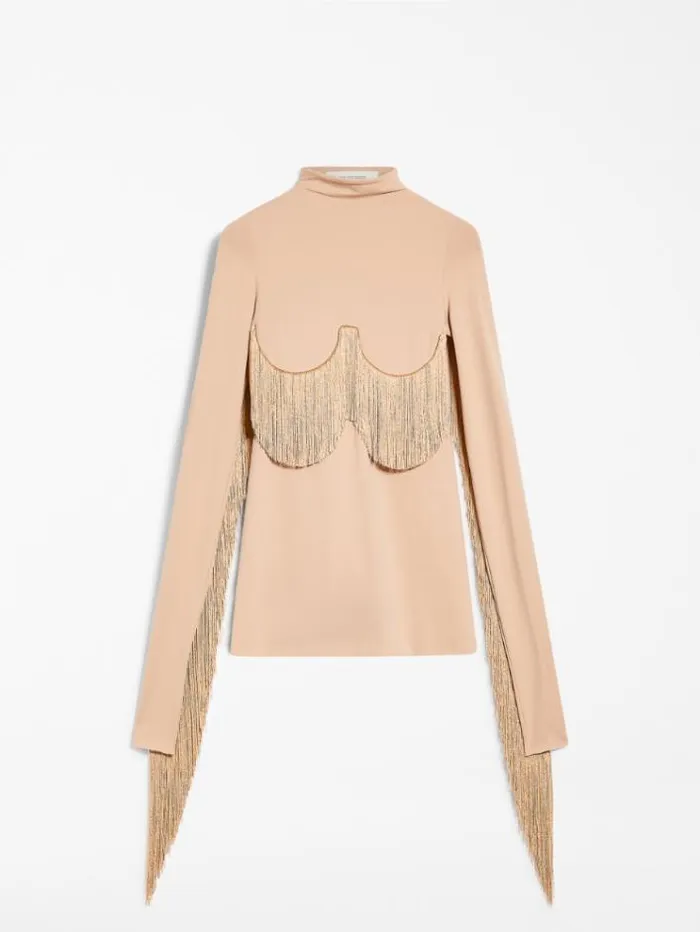 Woman Long Fringeadorned Mock Poloneck Sweater Nudo Maxmara Tshirts Woman Long Fringeadorned Mock Poloneck Sweater Nudo Maxmara Tshirts