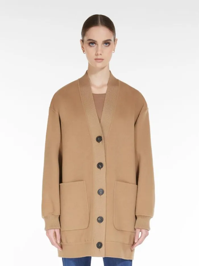 Woman Long Wool Cardigan Camel Maxmara Knitwear And Sweatshirts