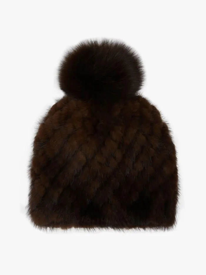 Woman Mink Cap With Pompom Brown Maxmara Hats