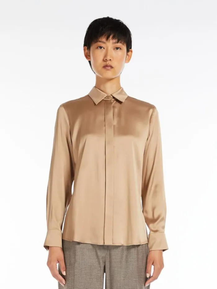 Woman Silk Satin Shirt Camel Maxmara Shirts And Tops