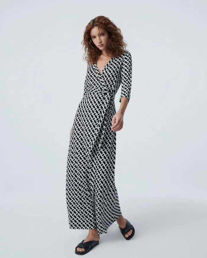 Women Abigail Silk Jersey Maxi Wrap Dress Chain Link Medium Black DVF Dresses
