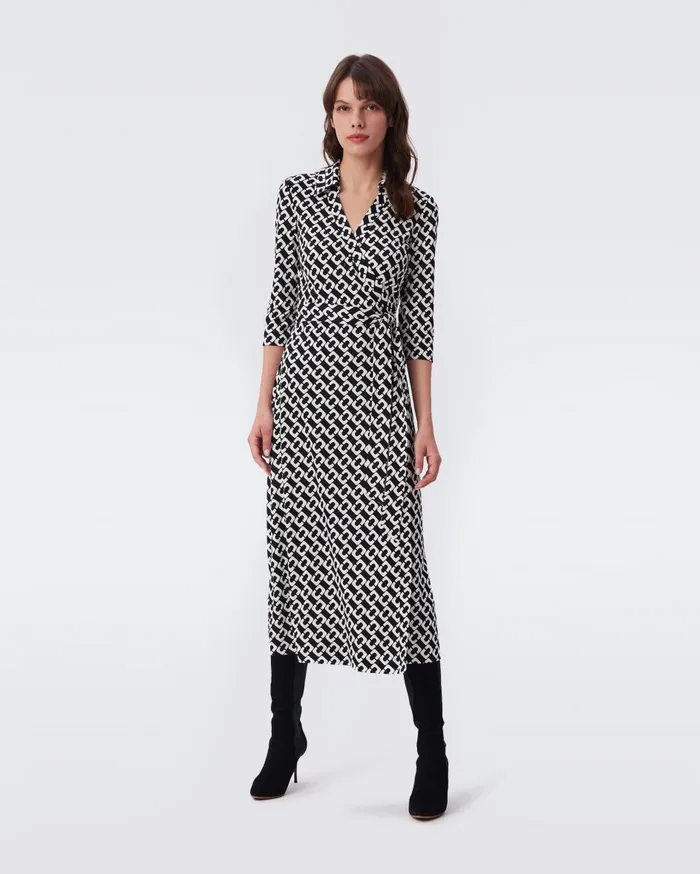 Women Abigail Silk Jersey Midi Wrap Dress Chain Link Medium Black DVF Dresses