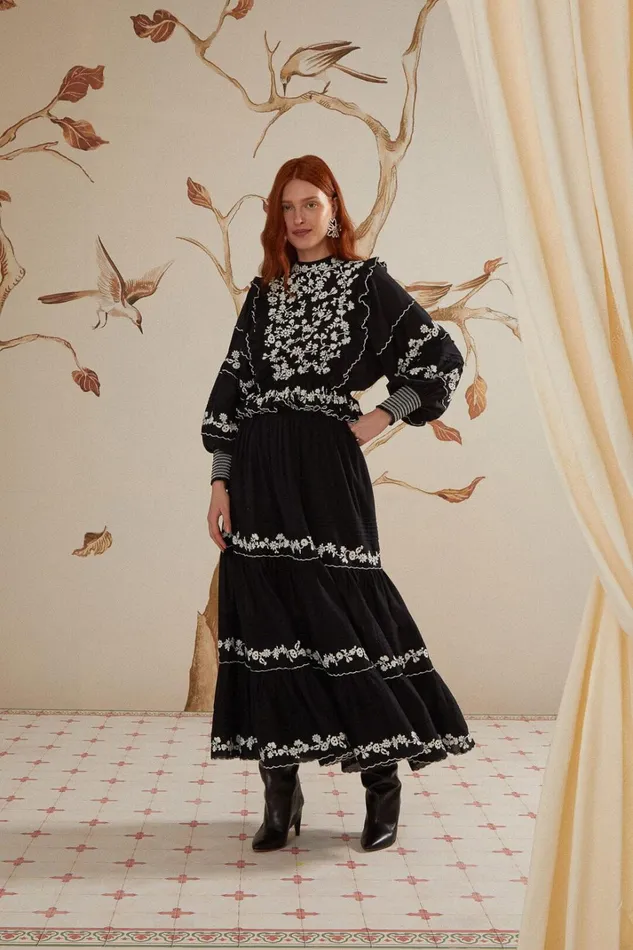 Women Black Embroidered Ruffle Maxi Skirt Black FARM Rio Skirts