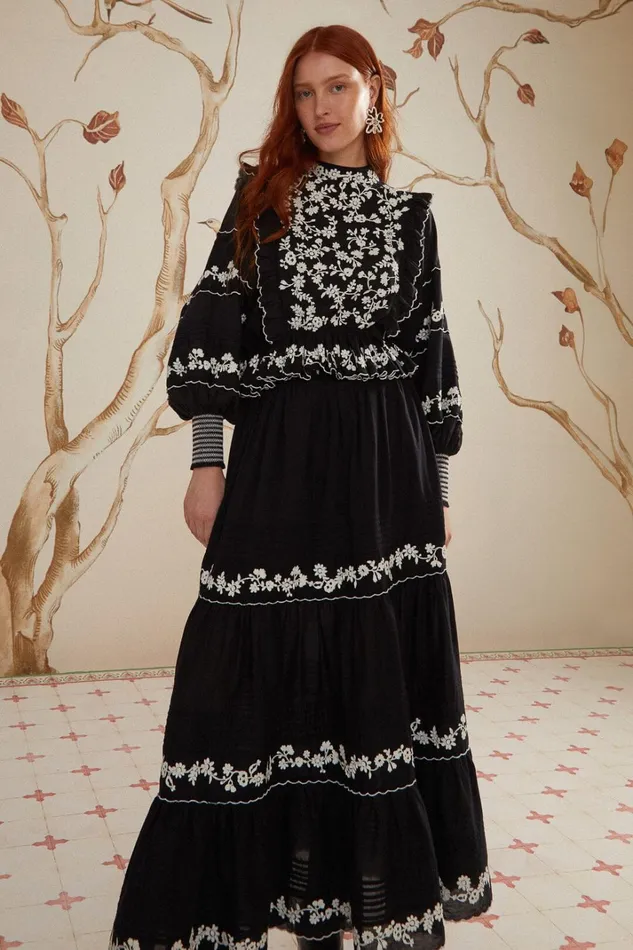Women Black Embroidered Ruffle Maxi Skirt Black FARM Rio Skirts