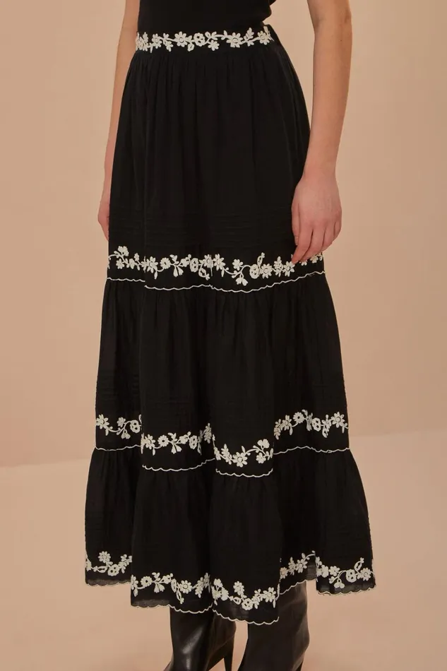 Women Black Embroidered Ruffle Maxi Skirt Black FARM Rio Skirts