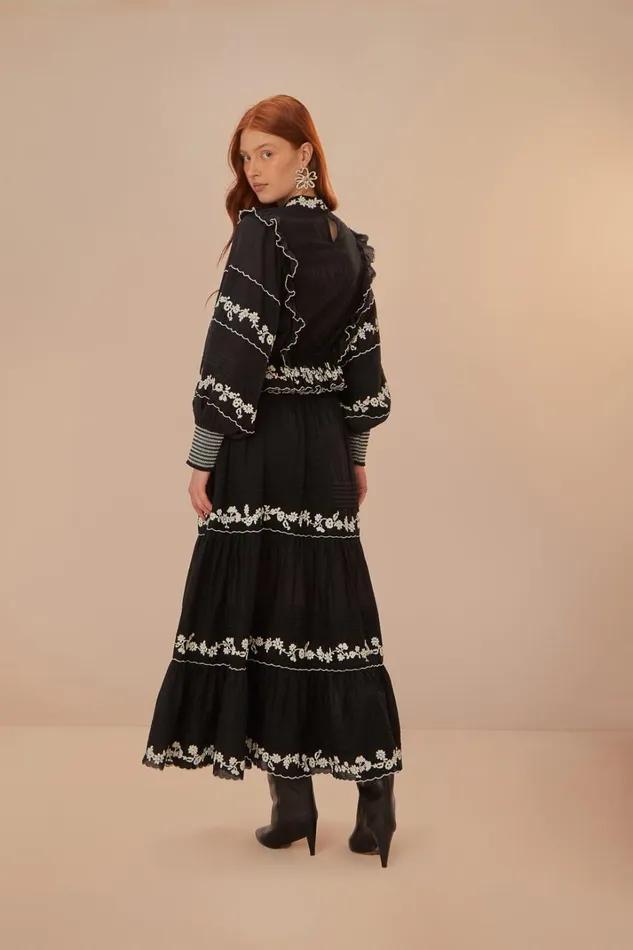 Women Black Embroidered Ruffle Maxi Skirt Black FARM Rio Skirts