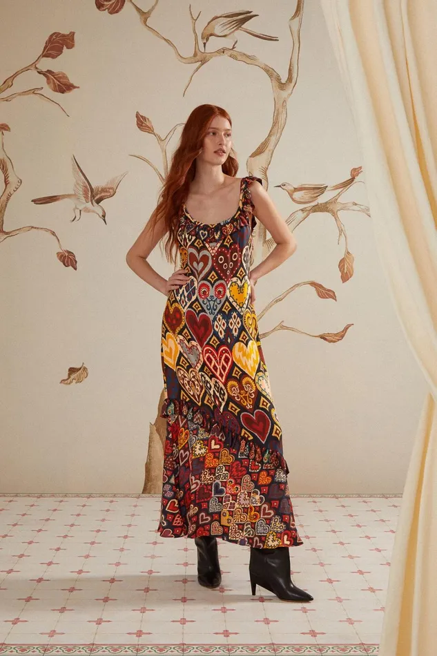 Women Black Hearts Ikat LENZING ECOVERO Viscose Maxi Dress Hearts Ikat Black FARM Rio Maxi Dresses