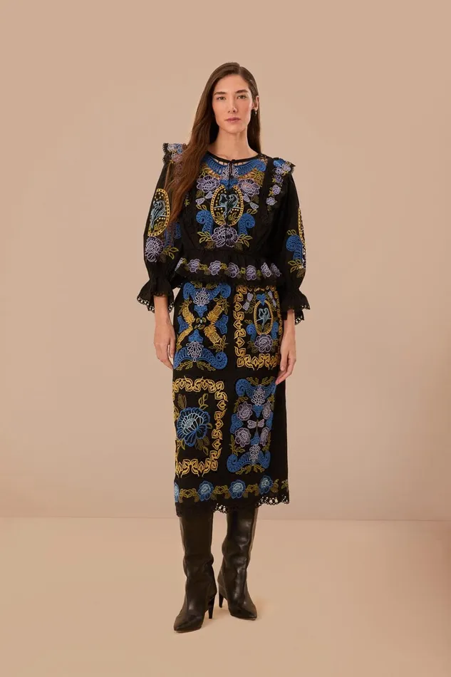 Women Black Richelieu Midi Skirt Black FARM Rio Skirts