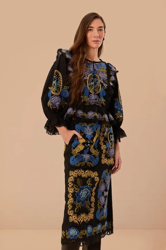 Women Black Richelieu Midi Skirt Black FARM Rio Skirts