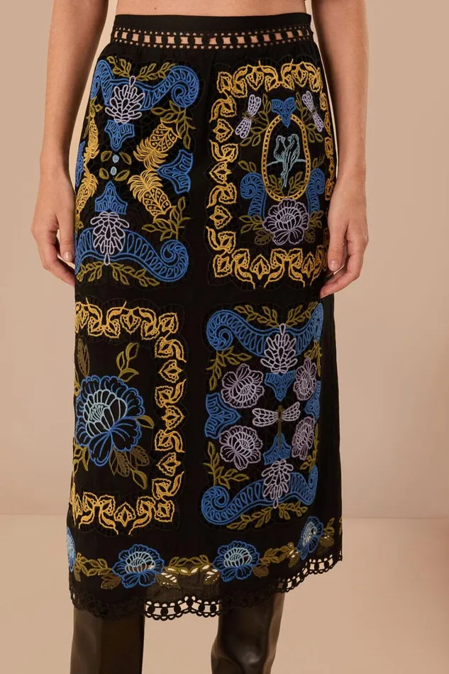 Women Black Richelieu Midi Skirt Black FARM Rio Skirts