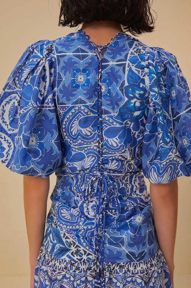 Women Blue Tile Dream Short Sleeve Mini Dress Tile Dream Multicolor FARM Rio Mini Dresses