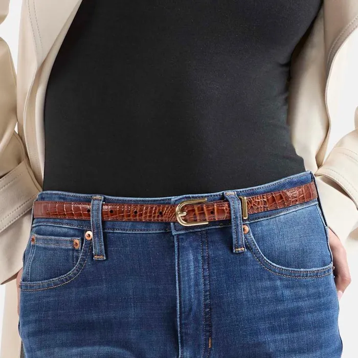 Women Brahmin Belts Skinny Leather Gold Buckle Belt Pecan Classic Croc