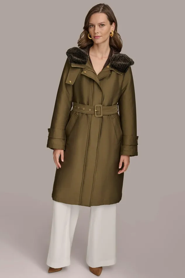 Women Coats And Jackets Donna Karan FAUX FUR TRIM LINED RAIN COAT Green