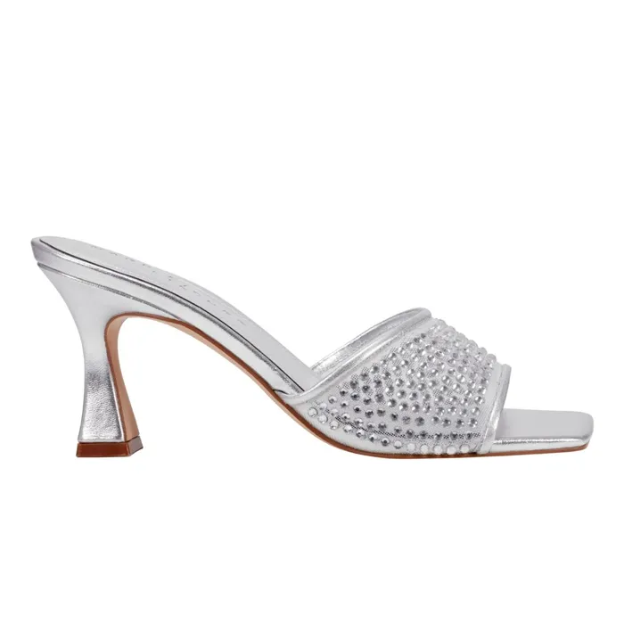 Women Delaney Studded Slide Sandal Silver Leather Marc Fisher Mules and Slides