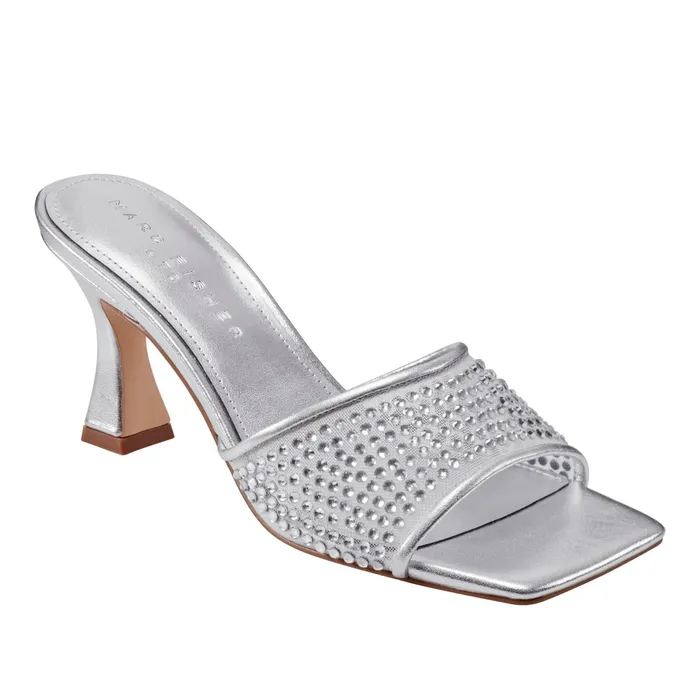 Women Delaney Studded Slide Sandal Silver Leather Marc Fisher Mules and Slides