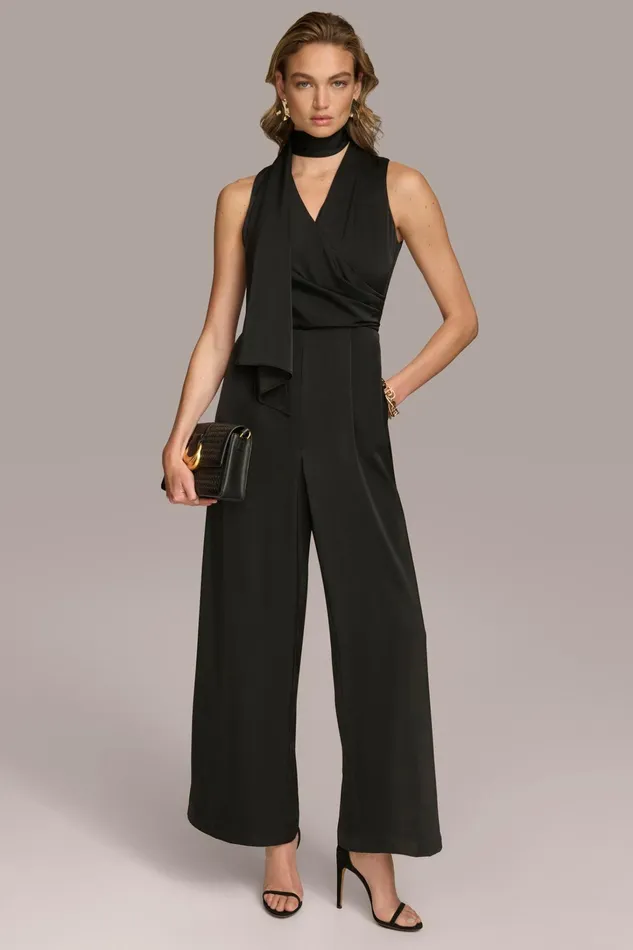 Women Dresses And Jumpsuits Donna Karan SATIN V NECK JUMPSUIT Black