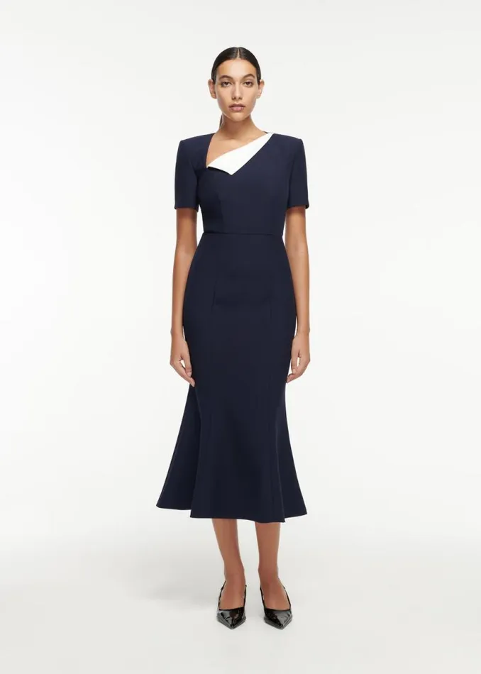 Women Dresses Roland Mouret Short Sleeve Crepe Contrast Midi Dress