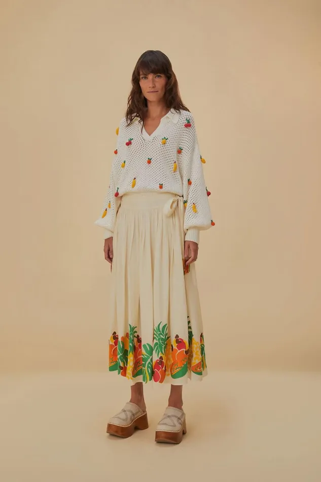 Women Embroidered Fruits Side Bow Midi Skirt Offwhite FARM Rio Skirts