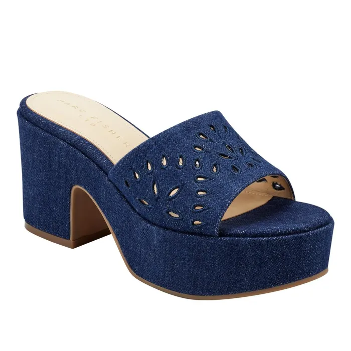 Women Foreva Platform Slide Sandal Denim Marc Fisher Mules and Slides