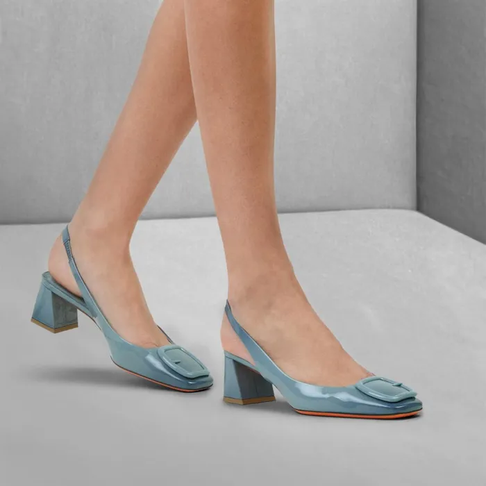 Women Light Blue Patent Leather MidHeel Slingback Santoni Pumps and Heels