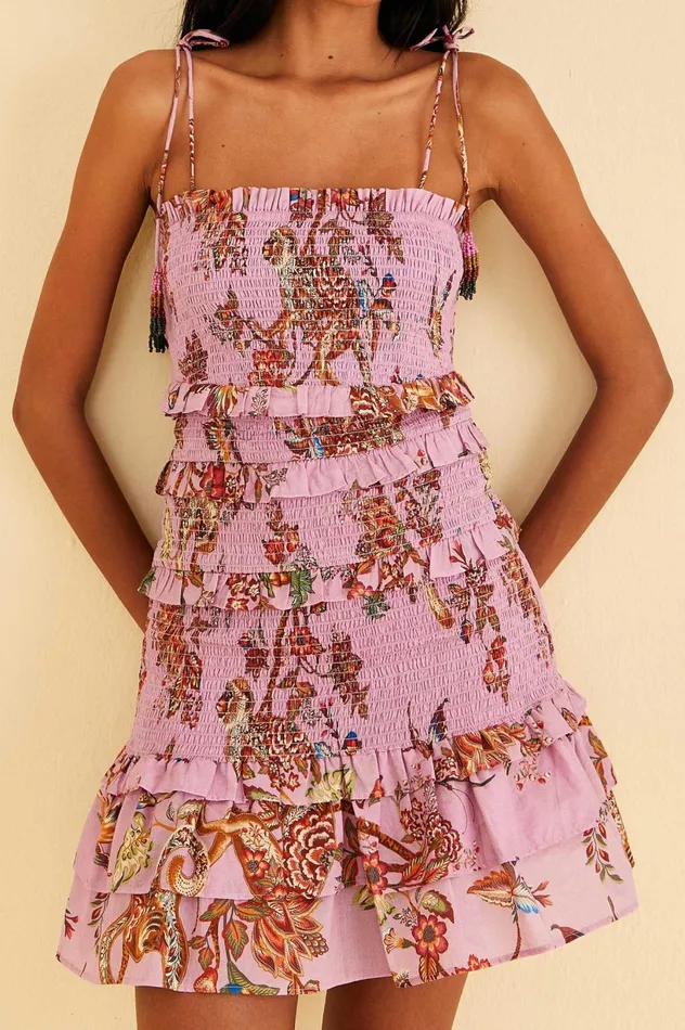 Women Lilac Floral Monkey Smocked Mini Dress Floral Monkey Lilac FARM Rio Mini Dresses
