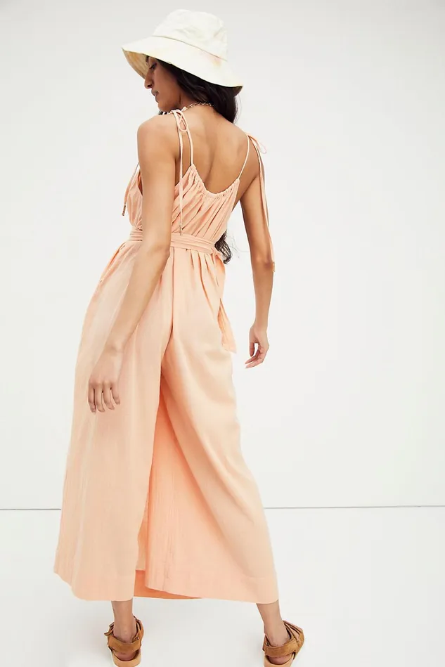 Women Maxi Dresses Free People Longer Days Wrap Jumpsuit Autumn Peach