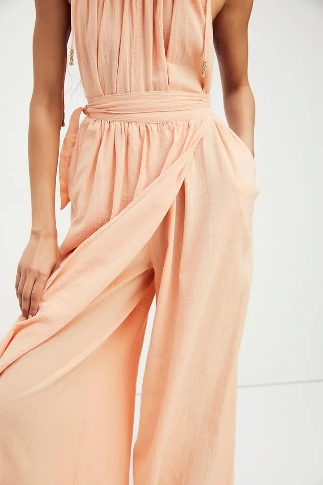 Women Maxi Dresses Free People Longer Days Wrap Jumpsuit Autumn Peach