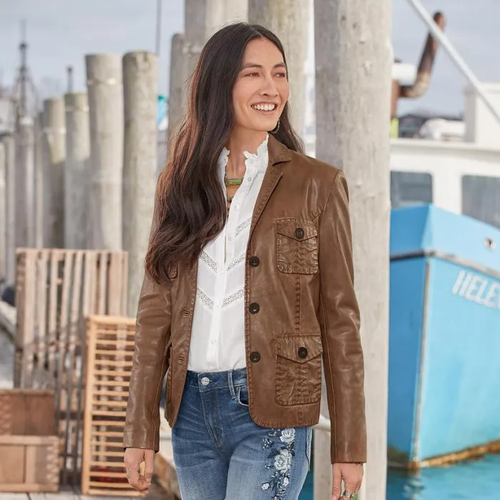 Women Mckenna Leather Blazer Honey Brown Sundance Catalog Jackets and Coats