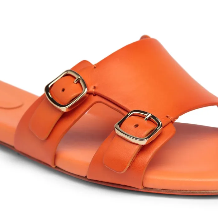 Women Orange Leather DoubleBuckle Slide Sandal Santoni Sandals