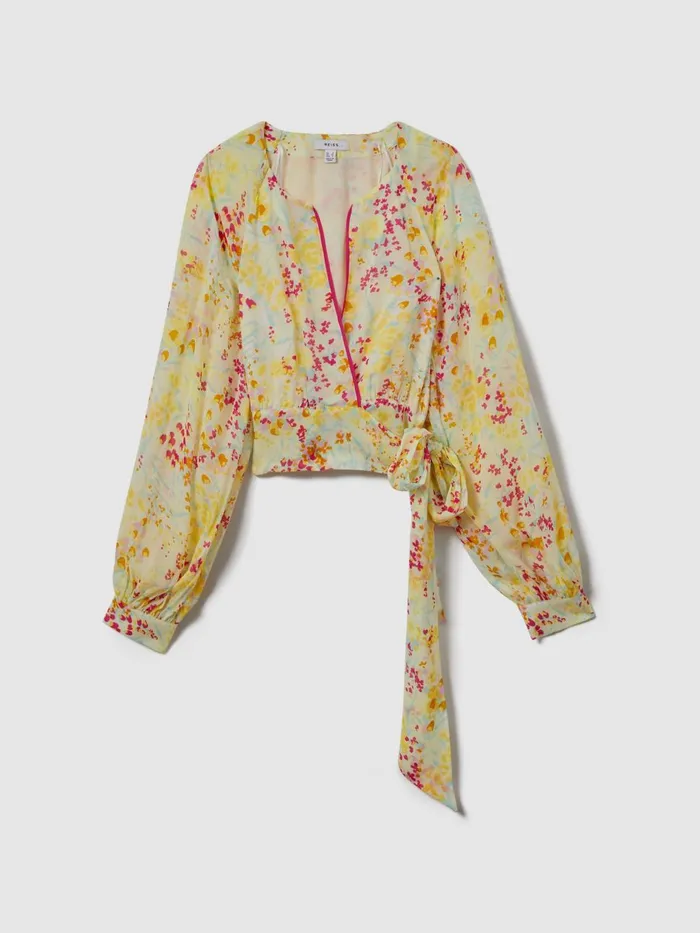 Women Reiss Blouses and Shirts Lyla Floral Print Tie Waist Cropped Blouse Pinkyellow