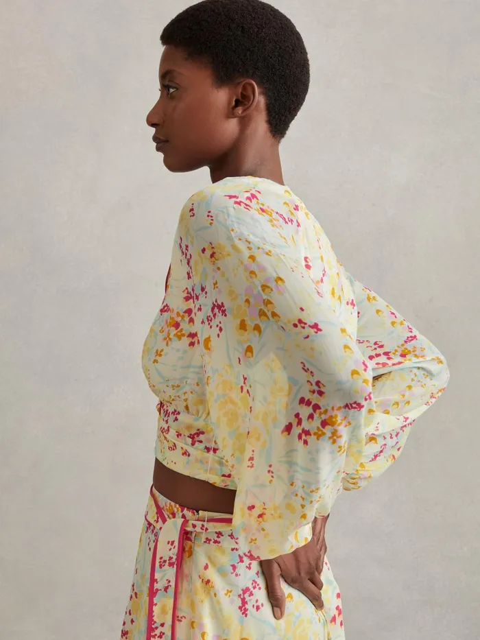 Women Reiss Blouses and Shirts Lyla Floral Print Tie Waist Cropped Blouse Pinkyellow