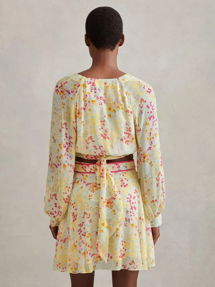 Women Reiss Blouses and Shirts Lyla Floral Print Tie Waist Cropped Blouse Pinkyellow