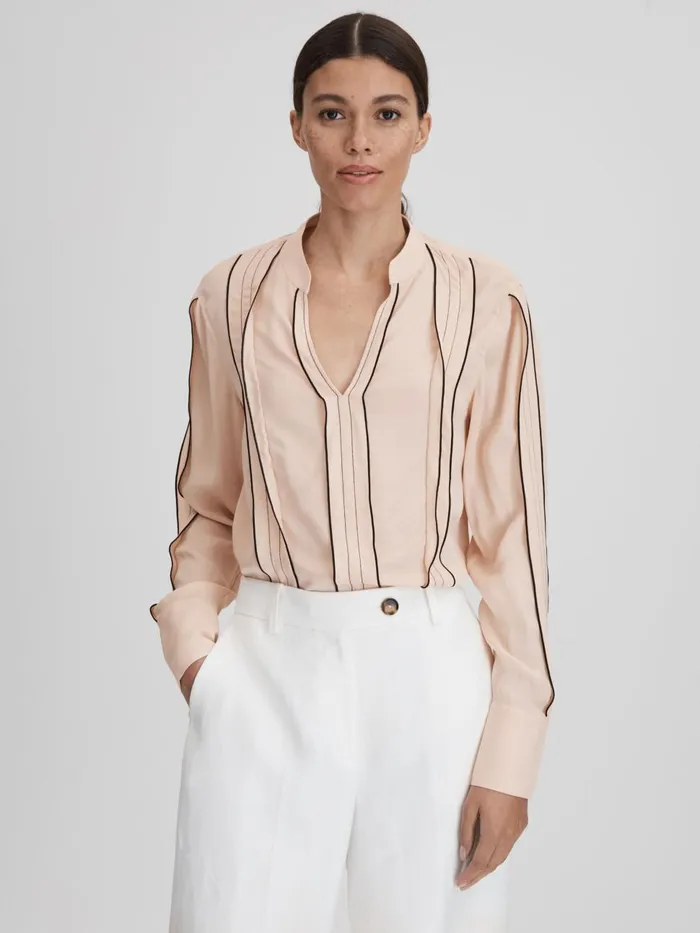 Women Reiss Blouses and Shirts Mia Contrast Trim Ruffle Blouse Nude