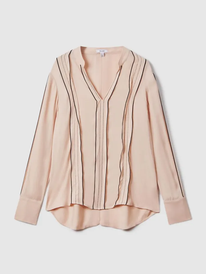 Women Reiss Blouses and Shirts Mia Contrast Trim Ruffle Blouse Nude