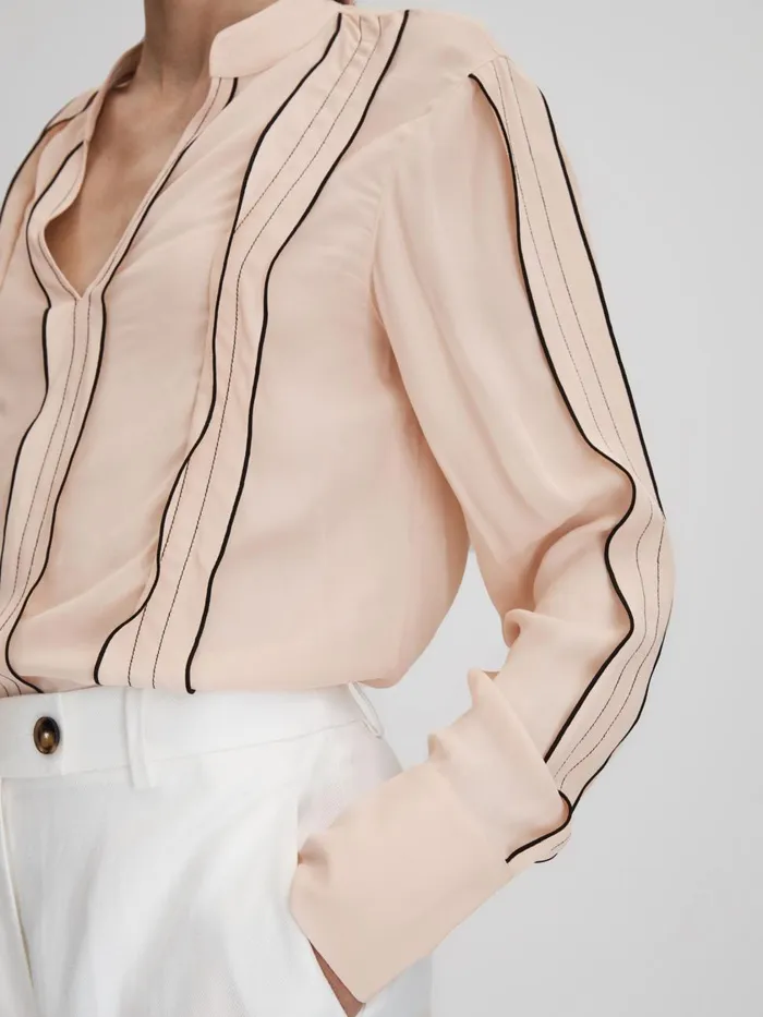 Women Reiss Blouses and Shirts Mia Contrast Trim Ruffle Blouse Nude