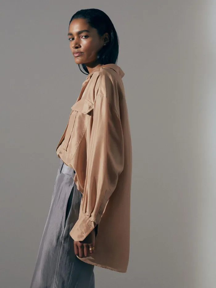 Women Reiss Blouses and Shirts Oversized Pocket ButtonThrough Shirt Camel