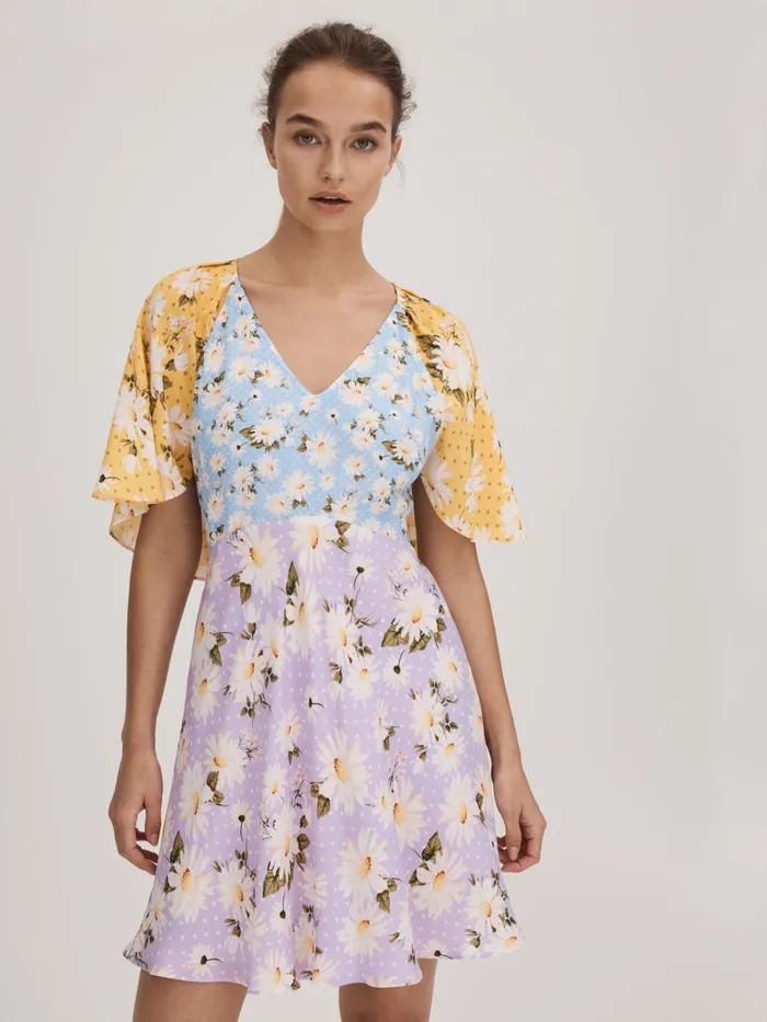 Women Reiss Brands Printed Cape Sleeve Mini Dress Multi