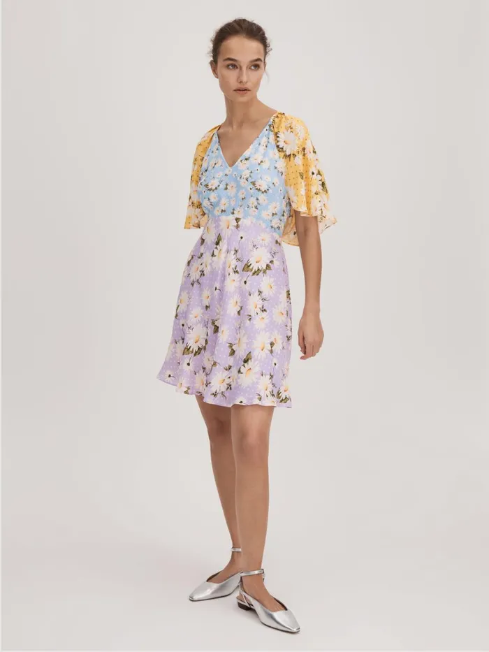 Women Reiss Brands Printed Cape Sleeve Mini Dress Multi