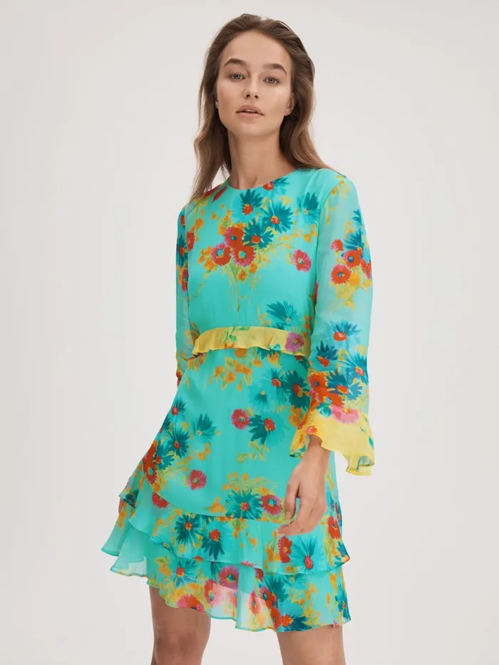 Women Reiss Brands Printed Ruffle Mini Dress Turquoise