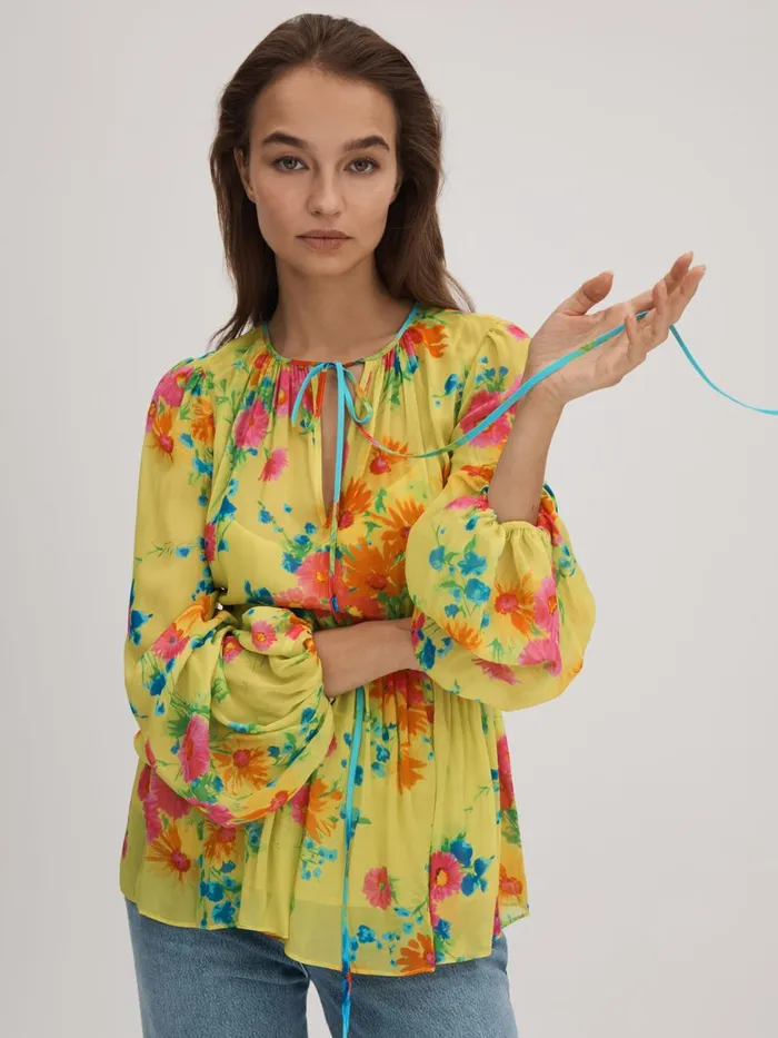 Women Reiss Brands Printed Tie Neck Blouse Lime