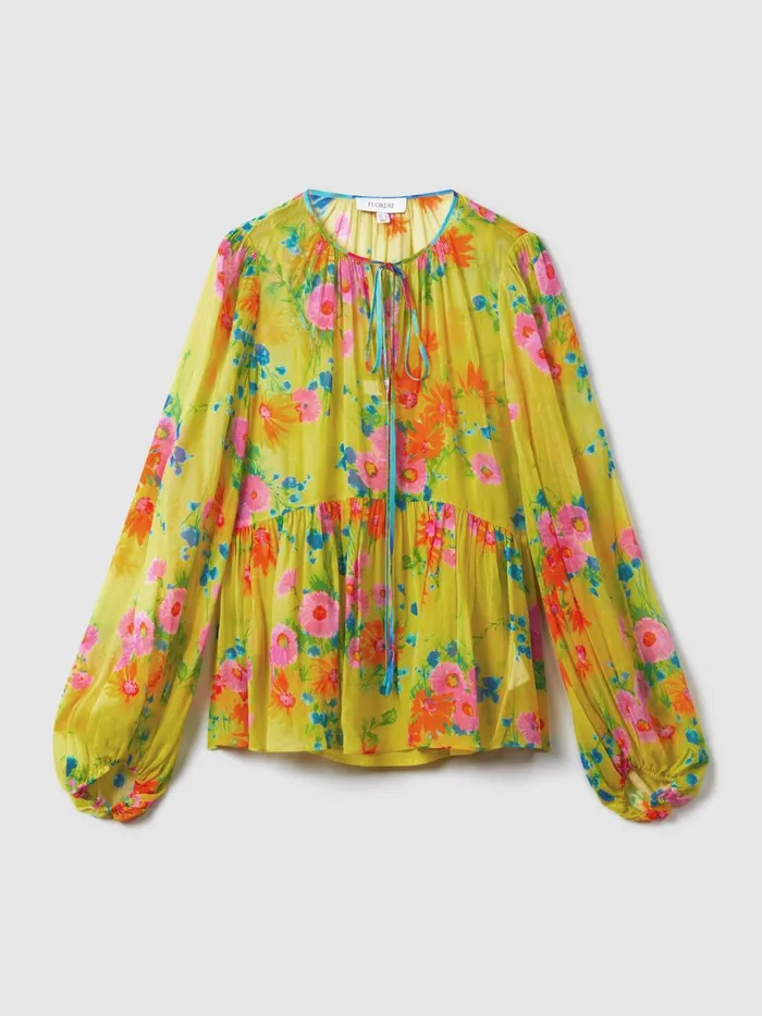 Women Reiss Brands Printed Tie Neck Blouse Lime